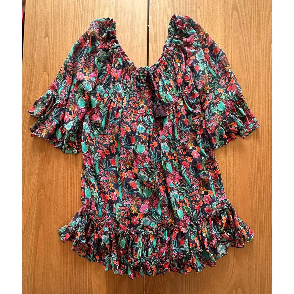 Tryb 212 Floral Silk Tunic Top Navy Blue Ruffle Off Shoulder Tassel Medium